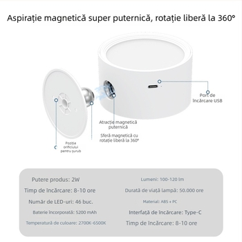 Lampa de perete magnetică, reîncărcabilă, fără găuri, reglabilă; lampă de noptieră pentru hol și birou, iluminare pentru tablouri și pereți.