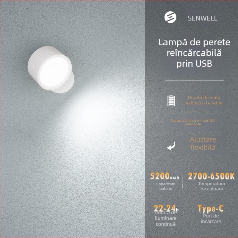 Lampa de perete magnetică, reîncărcabilă, fără găuri, reglabilă; lampă de noptieră pentru hol și birou, iluminare pentru tablouri și pereți.