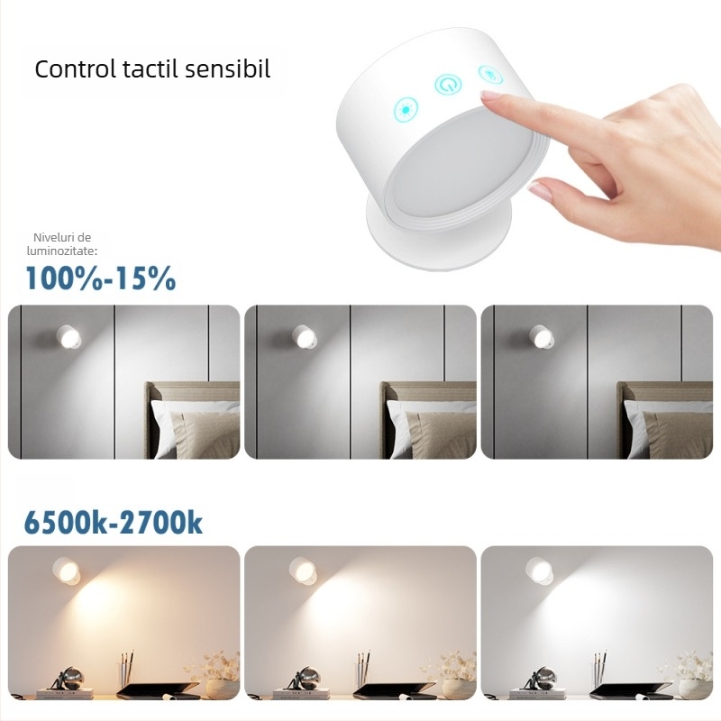 Lampa de perete magnetică, reîncărcabilă, fără găuri, reglabilă; lampă de noptieră pentru hol și birou, iluminare pentru tablouri și pereți.