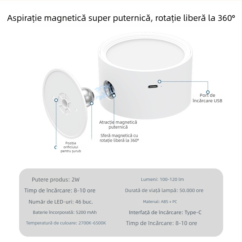 Lampa de perete magnetică, reîncărcabilă, fără găuri, reglabilă; lampă de noptieră pentru hol și birou, iluminare pentru tablouri și pereți.