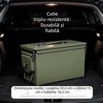 Cutie de unelte portabilă pentru camping și uz casnic, cutie metalică verde militar cu protecție împotriva umezelii și prafului