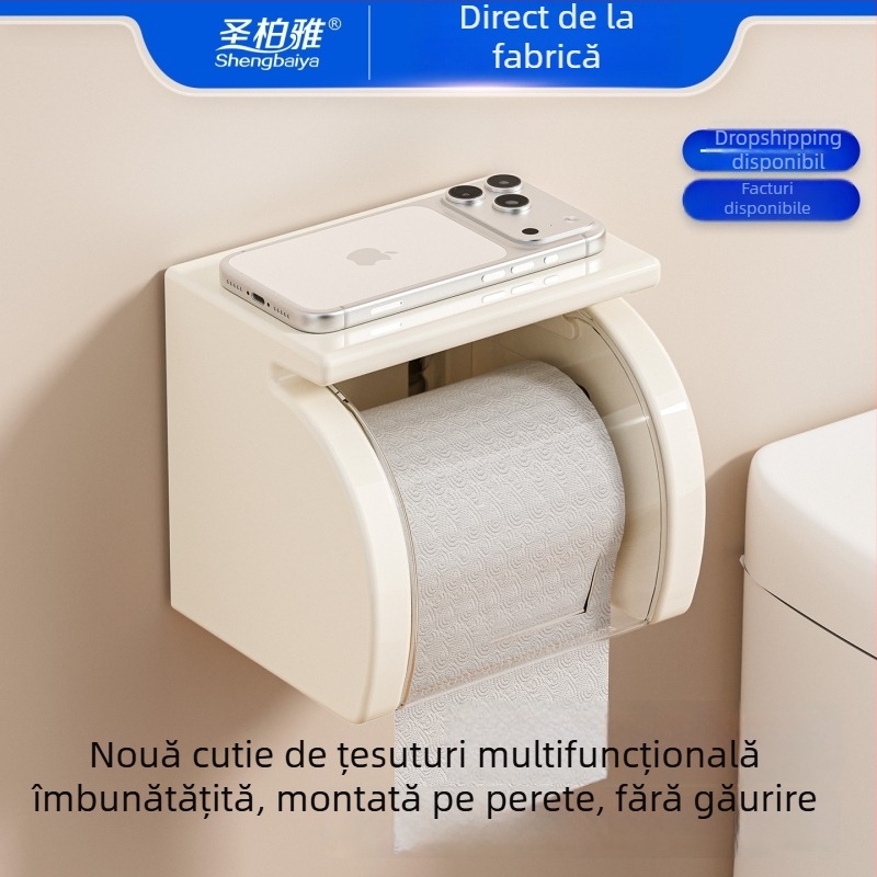 Suport de hârtie pe perete, fără găuri, impermeabil, cu ventuză pentru baie