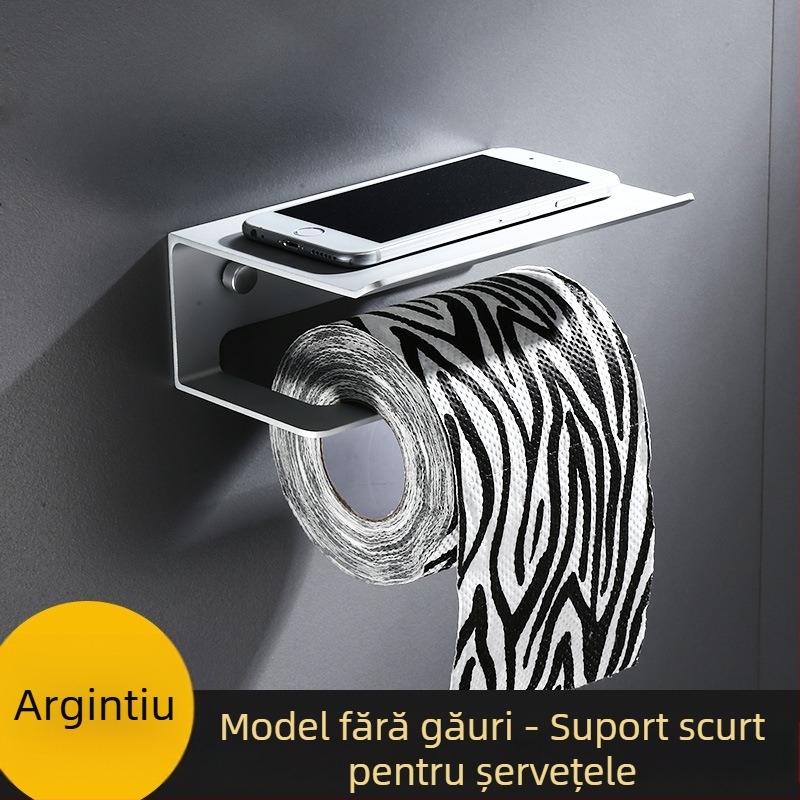Suport montat pe perete pentru hârtie igienică, fără găuri, cu cutie pentru șervețe și suport pentru telefon, design circular în stil nordic, negru, aliaj de aluminiu, baie