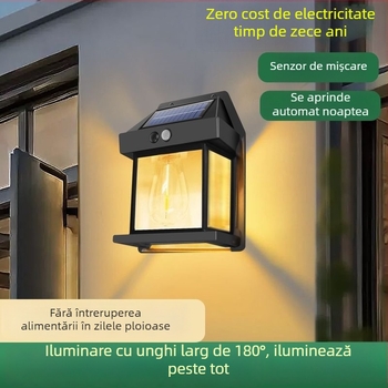 Corp de perete solar exterior cu LED cu filament de wolfram, rezistent IP65, senzor de lumină, pentru grădină și curte