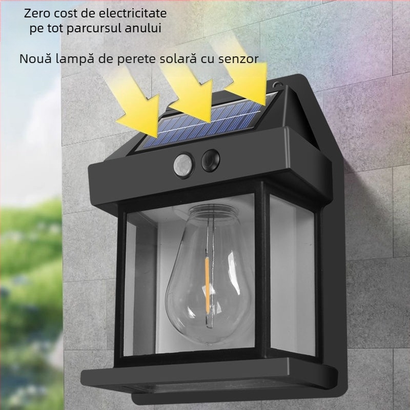 Corp de perete solar exterior cu LED cu filament de wolfram, rezistent IP65, senzor de lumină, pentru grădină și curte