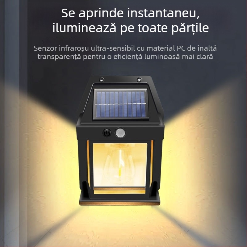Corp de perete solar exterior cu LED cu filament de wolfram, rezistent IP65, senzor de lumină, pentru grădină și curte