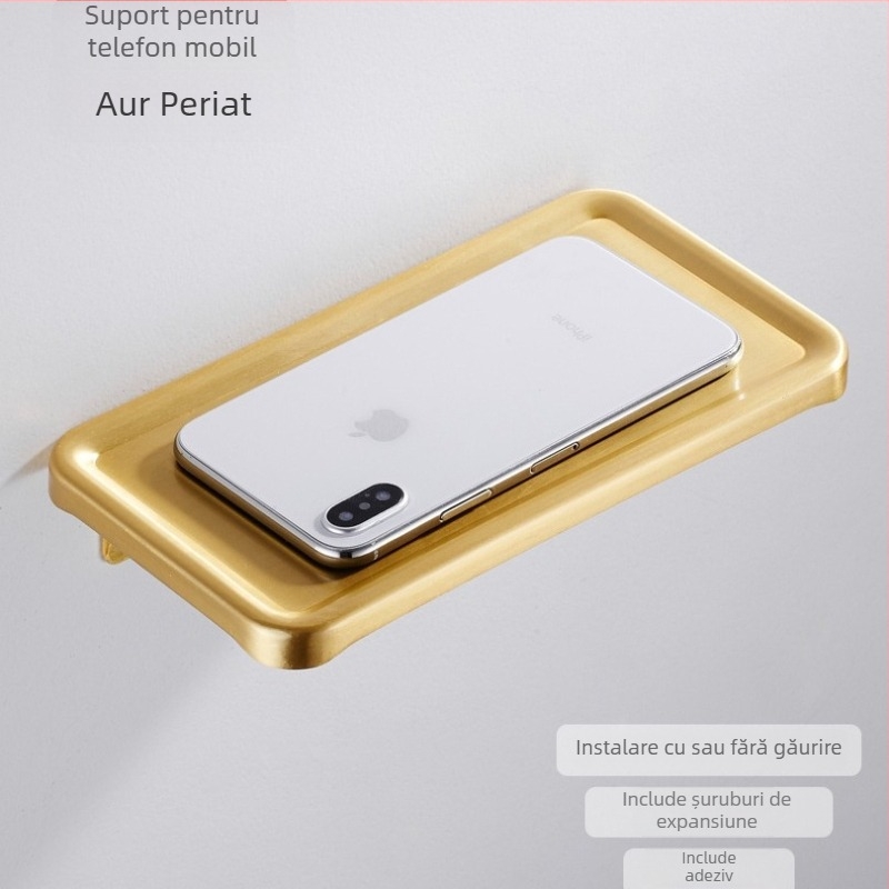 Suport pentru șervețele din aluminiu, finisaj auriu șlefuit, cu suport pentru telefon montat pe perete și raft de depozitare