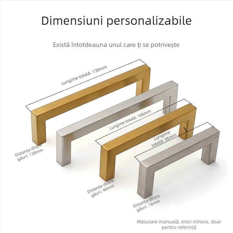 Mâner din oțel inoxidabil, țeavă pătrată – pentru dulapuri și garderobă, unghi drept, design modern minimalist, finisaje: șlefuit, negru, auriu.