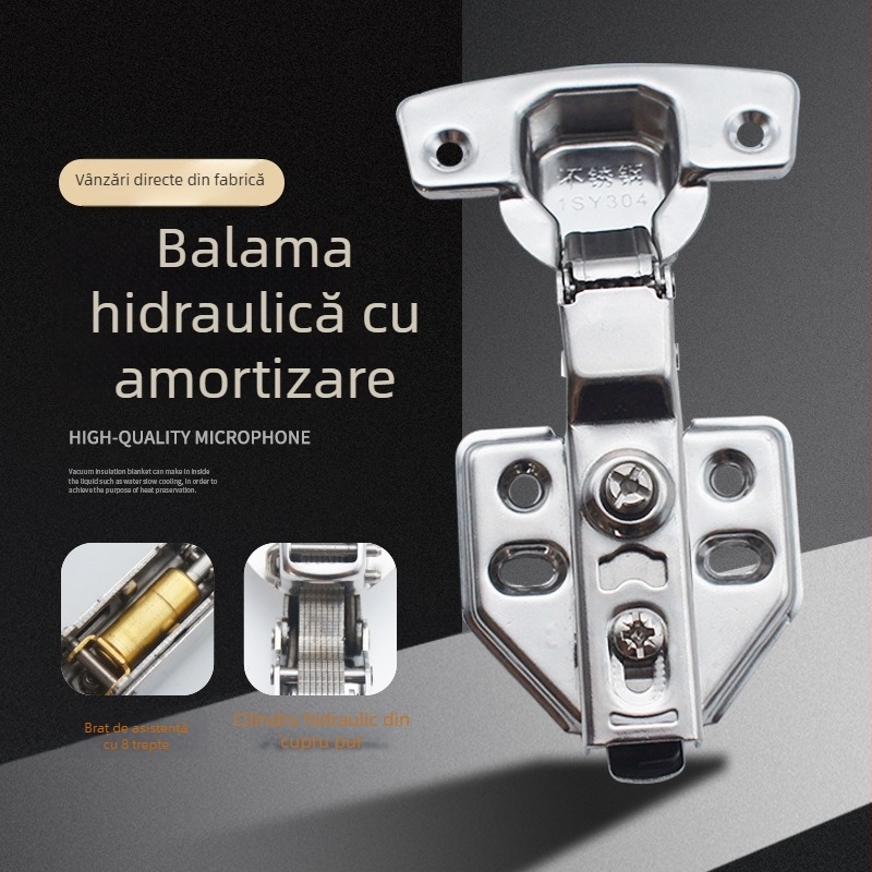 Balama pentru dulap din oțel inoxidabil, arc hidraulic, amortizare în două etape, silențioasă, tampon îngroșat
