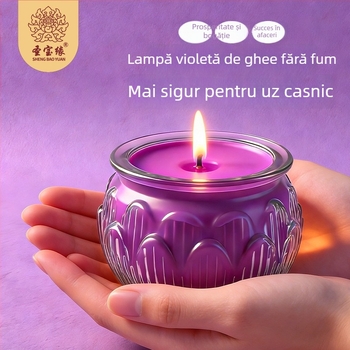 Lumânare de sticlă în formă de lotus, cu ghee vegetal, pentru ofrande către Buddha și pentru altarele templelor.