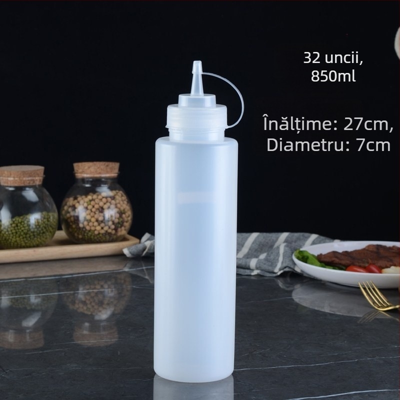 Sticlă de tip squeeze din PE, alimentară, cu capac, pentru sosuri, salate și condimente, cu marcaje de măsurare
