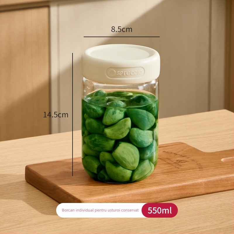 Recipient sigilat din sticlă borosilicată pentru murături, de calitate alimentară, destinat fermentării casnice, recipient mic