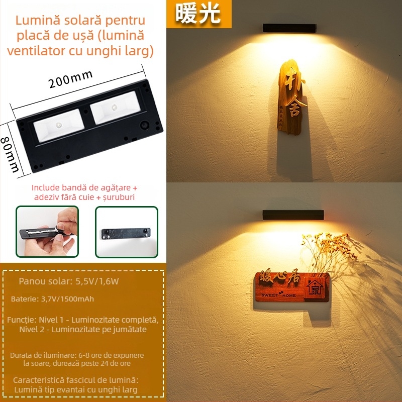 Lampă solară pentru semn de ușă, pentru perete exterior – intrare, curte, grădină, vilă, cu senzor