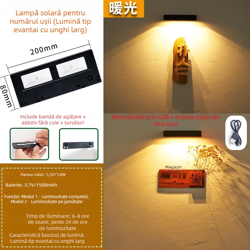 Lampă solară pentru semn de ușă, pentru perete exterior – intrare, curte, grădină, vilă, cu senzor