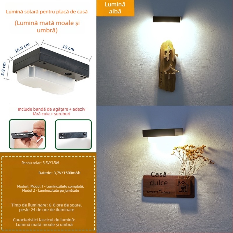 Lampă solară pentru semn de ușă, pentru perete exterior – intrare, curte, grădină, vilă, cu senzor