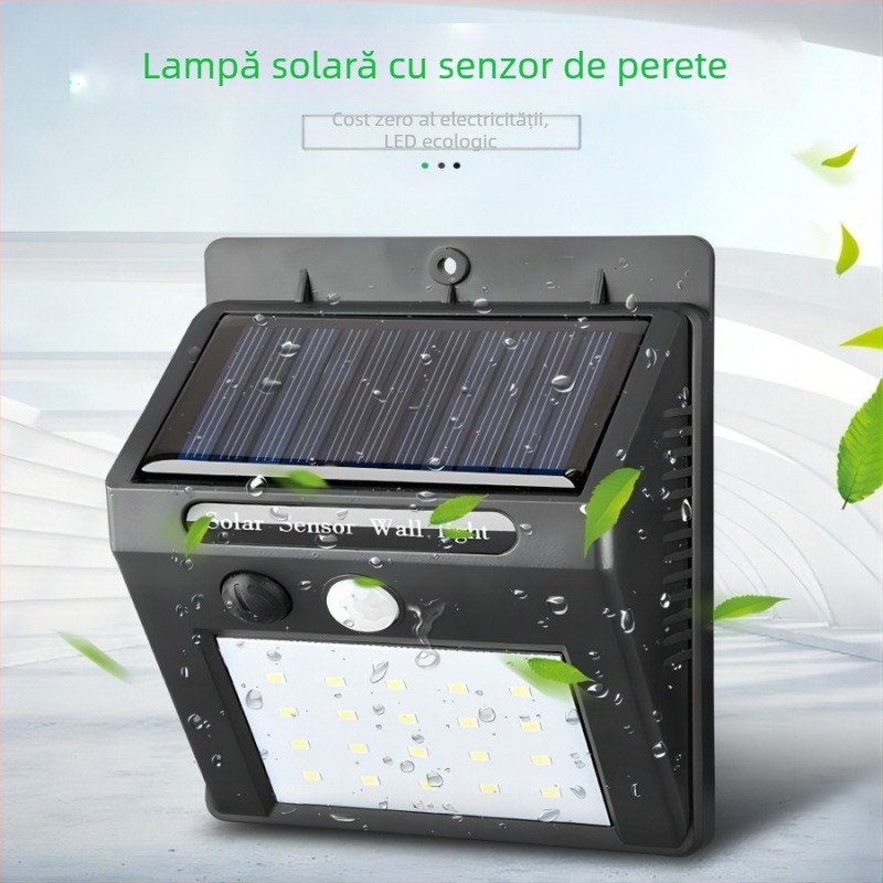 Lumină solară de perete cu senzor de mișcare pentru curte și camping, 20–60 LED