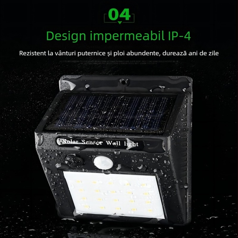 Lumină solară de perete cu senzor de mișcare pentru curte și camping, 20–60 LED