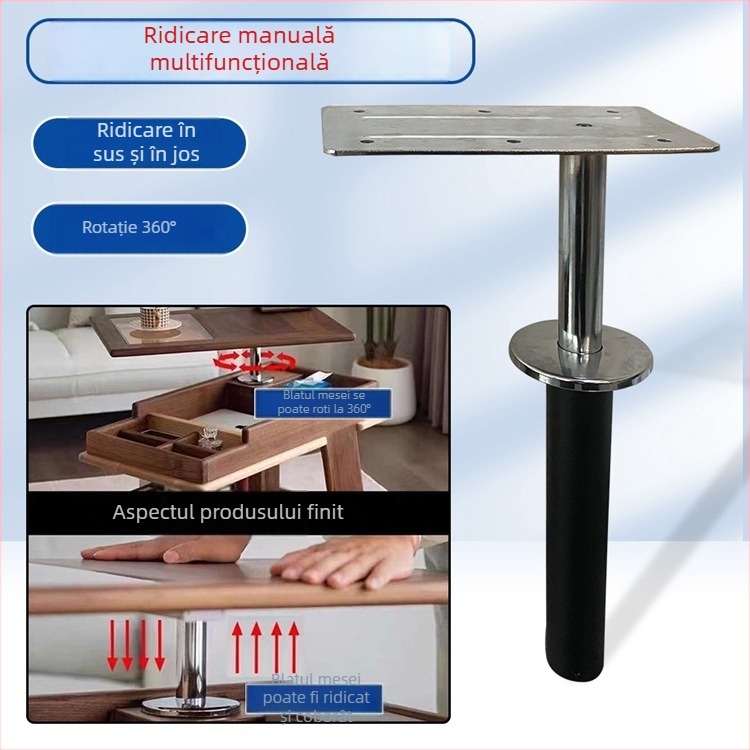 Masă laterală pentru canapea, cu lift vertical și blat rotativ la 360°, cadru de ridicare și accesorii metalice