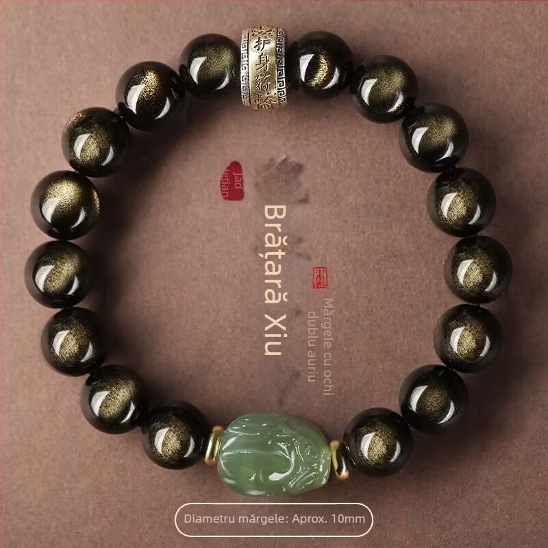 Brățară Pixiu din jad Hetian, cu obsidian și mărgele aurii, unisex, Buddha