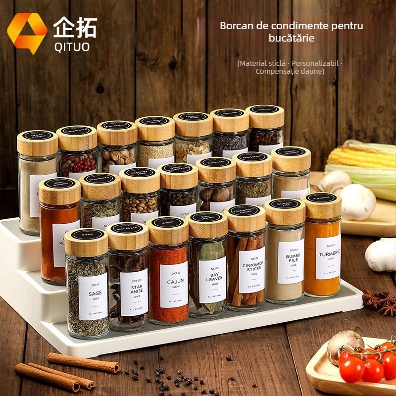 Set de 12 borcănele din sticlă pentru condimente, 100 ml, cu capac din bambus, stil Nordic