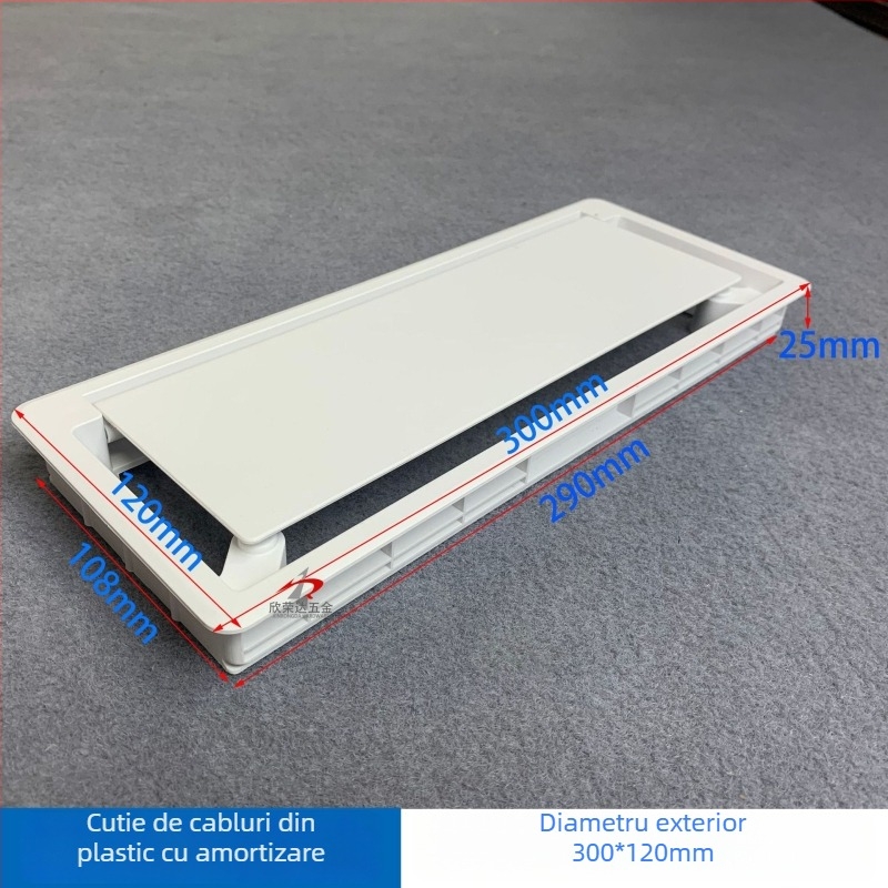Cutie de gestionare a cablurilor din plastic pentru birou, cu capac rabatabil și amortizor, dreptunghiulară, 300 mm