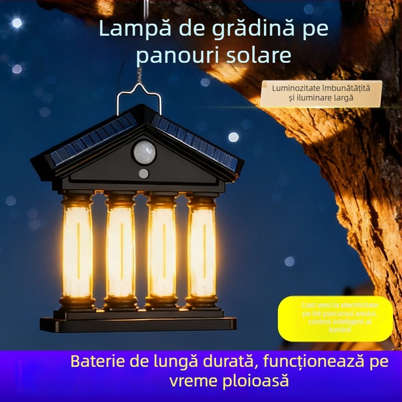 Lampa de perete solară pentru exterior, cu controlul luminii și senzor de mișcare, lumină caldă cu filament de wolfram