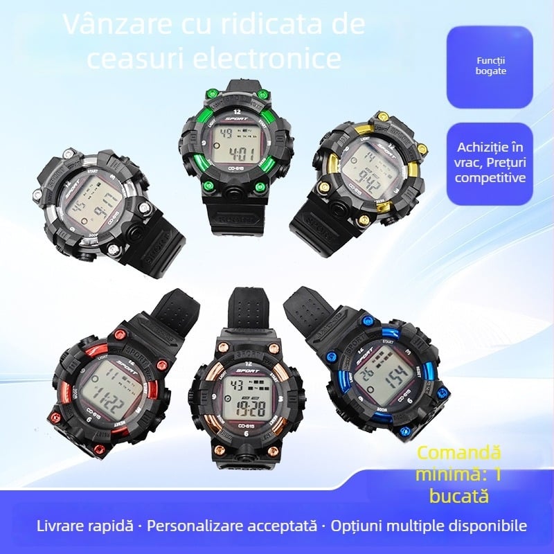 Ceas electronic pentru elevi de gimnaziu, iluminare în întuneric, cadran rotund, carcasă și curea din silicon, stil masculin