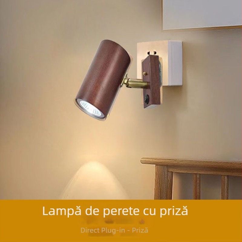 Lampă de perete din lemn de nuc cu priză, LED, stil Nordic, pentru dormitor și scară
