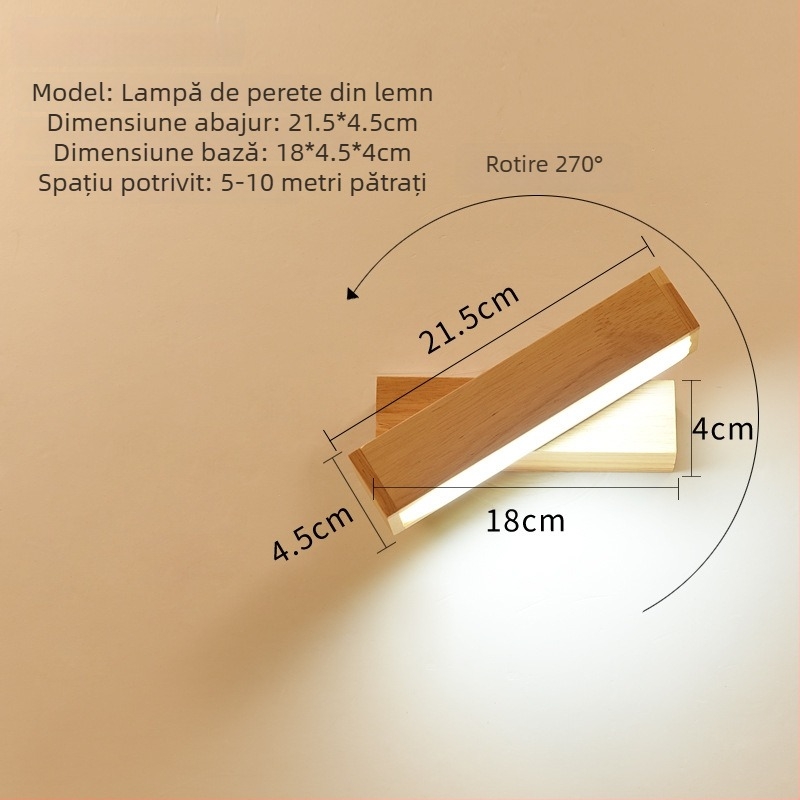Lampa de perete LED din lemn masiv, stil Nordic, cu braț rotativ și întrerupător cu buton