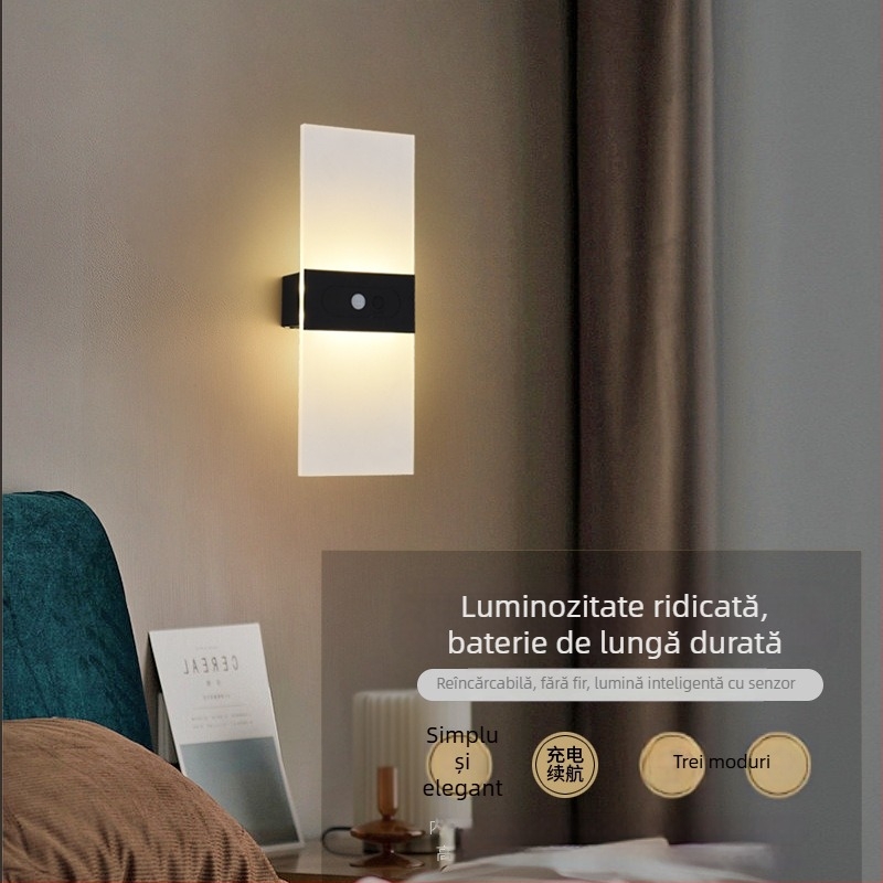 Lampă LED de perete reîncărcabilă, reglaj continuu al intensității, senzor de mișcare, încărcare USB 5V, lampă de noapte cu capacitate mare BD818