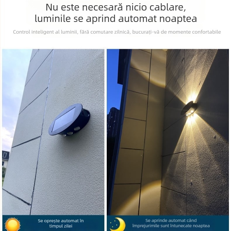 Lumină de perete alimentată cu energie solară, iluminare bidirecțională sus-jos, rezistentă la apă, pentru grădină, gard și curte