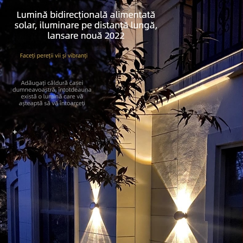 Lumină de perete alimentată cu energie solară, iluminare bidirecțională sus-jos, rezistentă la apă, pentru grădină, gard și curte