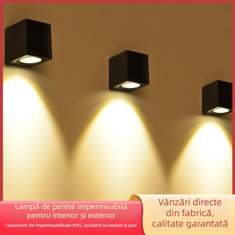Lampă de perete LED cu două capete, iluminare sus-jos, exterior, corp pătrat, rezistentă la apă