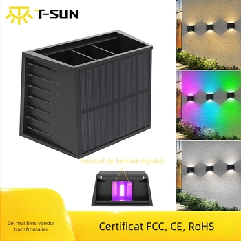 Lumină solară de perete cu iluminare reglabilă sus-jos, RGB pentru exterior, curte și gard.