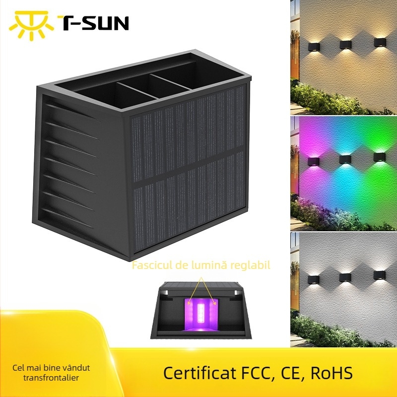 Lumină solară de perete cu iluminare reglabilă sus-jos, RGB pentru exterior, curte și gard.