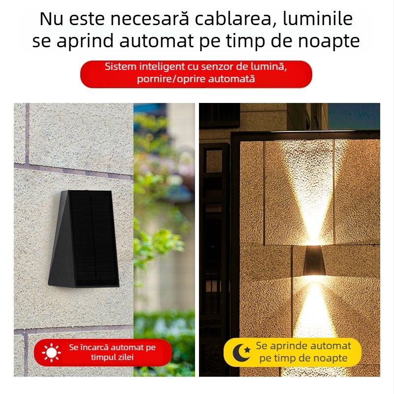 Lampă solară de perete pentru exterior, IP65, LED, iluminare în sus și în jos pentru grădină și curte