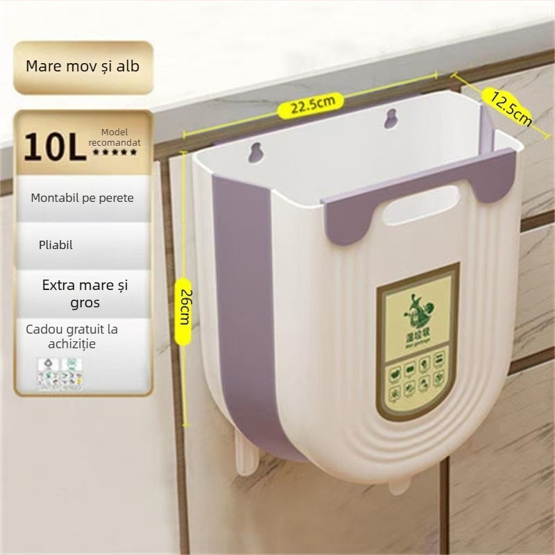 Coș de gunoi pliabil pentru montat în dulapul bucătăriei, fără capac, 10 L, diametru mare, multifuncțional.