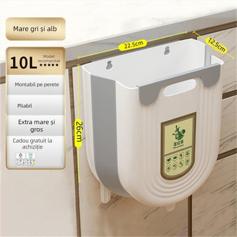Coș de gunoi pliabil pentru montat în dulapul bucătăriei, fără capac, 10 L, diametru mare, multifuncțional.