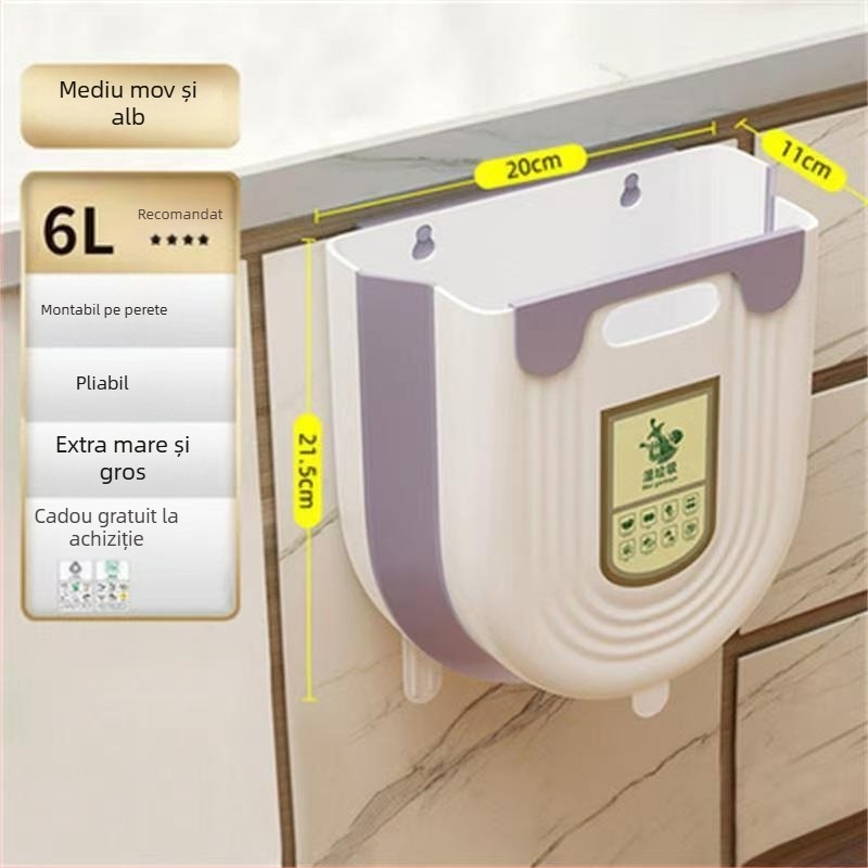Coș de gunoi pliabil pentru montat în dulapul bucătăriei, fără capac, 10 L, diametru mare, multifuncțional.