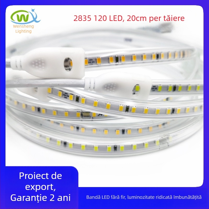 Bandă LED 2835 actualizată, 220V, impermeabilă, fără cabluri, 120 LED/m, lungime 1 m, 12W, 28–30 lm/LED, unghi fascicul 120°, luminozitate înaltă