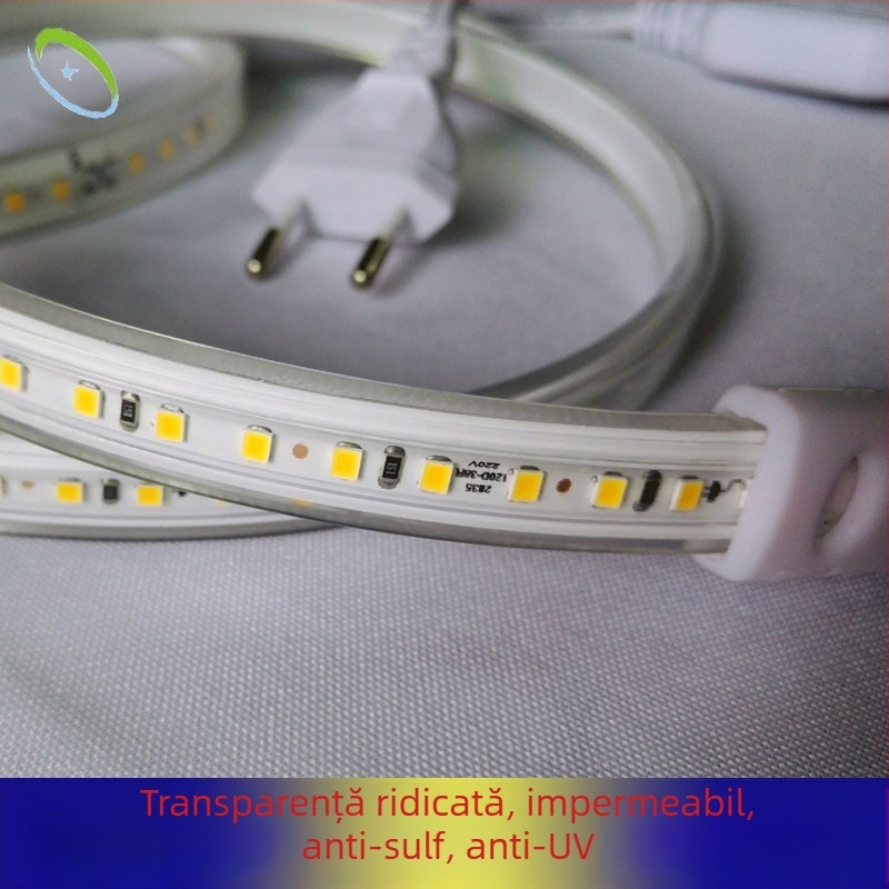 Bandă LED 2835 actualizată, 220V, impermeabilă, fără cabluri, 120 LED/m, lungime 1 m, 12W, 28–30 lm/LED, unghi fascicul 120°, luminozitate înaltă