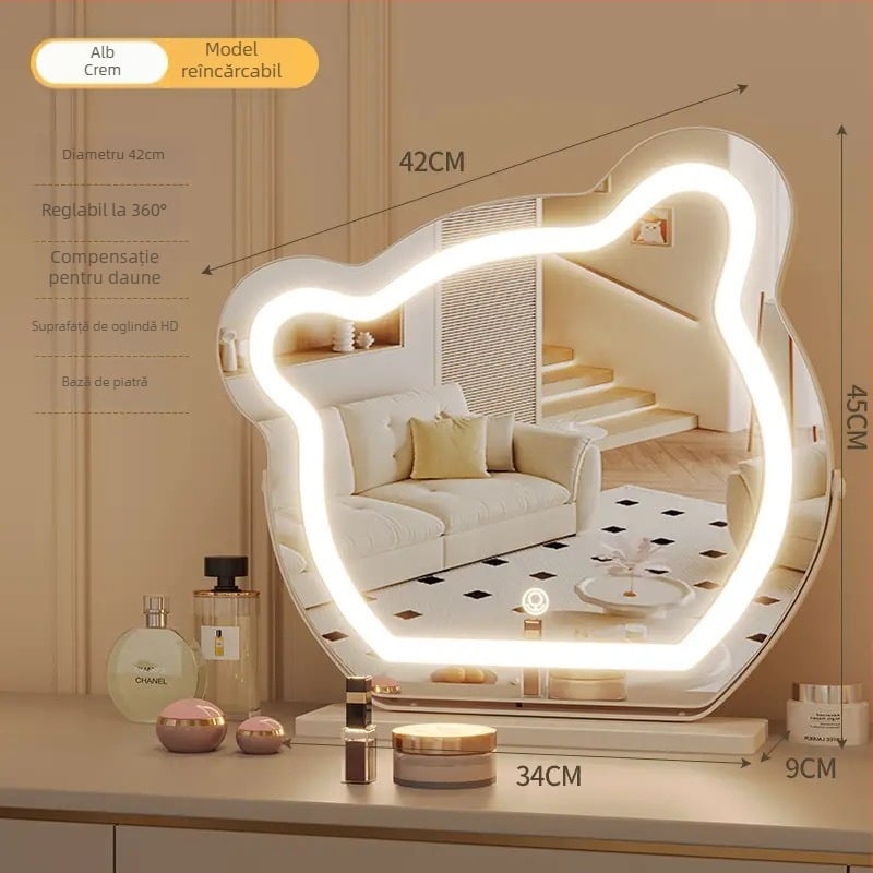 Oglindă de machiaj cu LED, în formă de urs, pentru masă de toaletă