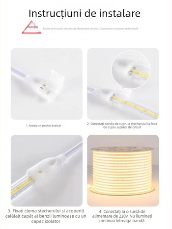 Bandă COB LED pentru exterior, impermeabilă, 220V, flexibilă, 320/420 LED, fascicul de lumină 180°, reglaj fără trepte, control inteligent, CRI 90
