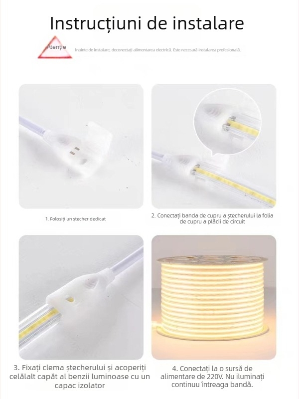 Bandă COB LED pentru exterior, impermeabilă, 220V, flexibilă, 320/420 LED, fascicul de lumină 180°, reglaj fără trepte, control inteligent, CRI 90
