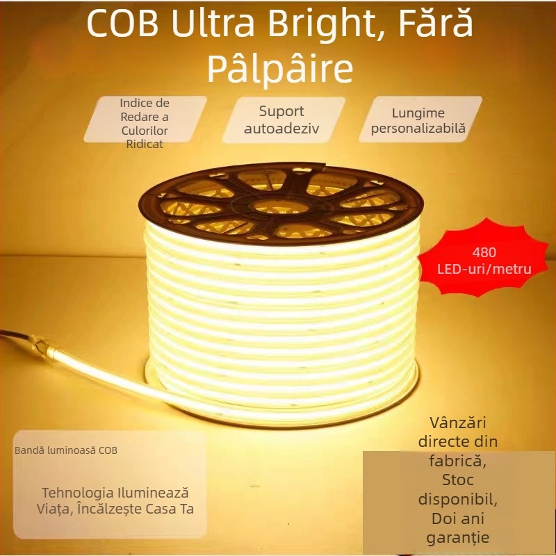 Bandă COB LED pentru exterior, impermeabilă, 220V, flexibilă, 320/420 LED, fascicul de lumină 180°, reglaj fără trepte, control inteligent, CRI 90