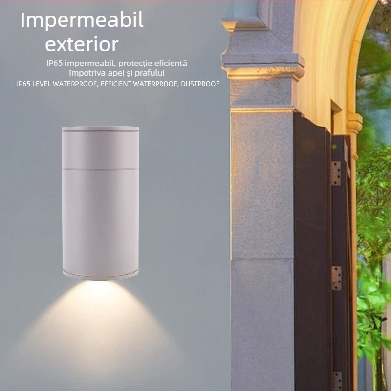 Lampa de perete LED pentru exterior, impermeabilă, cu iluminare sus-jos, din aluminiu, formă circulară, cu o singură sursă de lumină