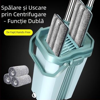 Mop plat mare 38 cm, fără atingere, cu găleată integrată pentru uz casnic — curățare uscată și umedă