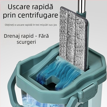 Mop plat mare 38 cm, fără atingere, cu găleată integrată pentru uz casnic — curățare uscată și umedă