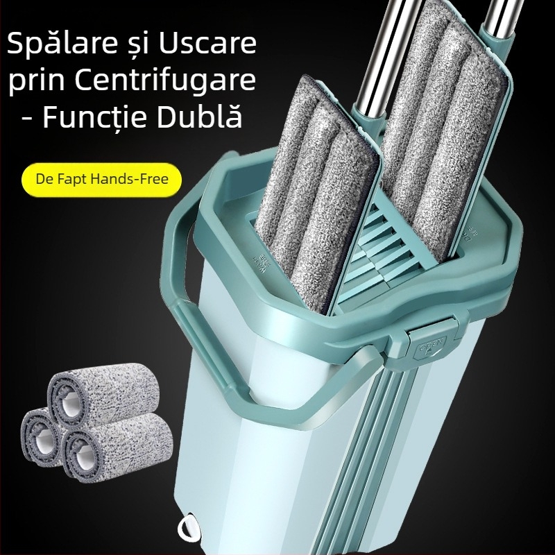 Mop plat mare 38 cm, fără atingere, cu găleată integrată pentru uz casnic — curățare uscată și umedă