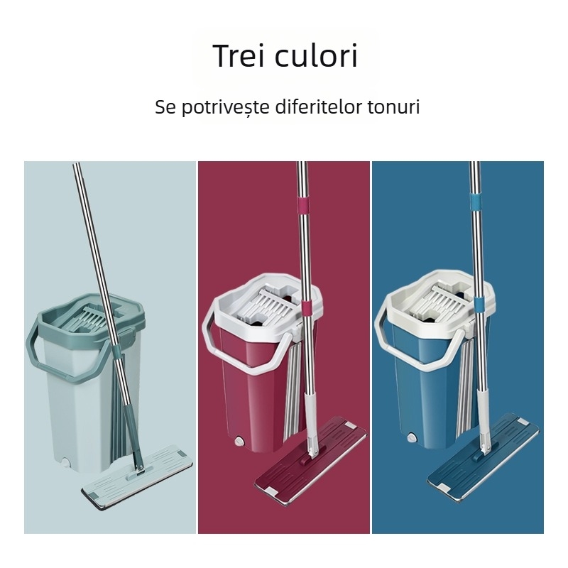Mop plat mare 38 cm, fără atingere, cu găleată integrată pentru uz casnic — curățare uscată și umedă
